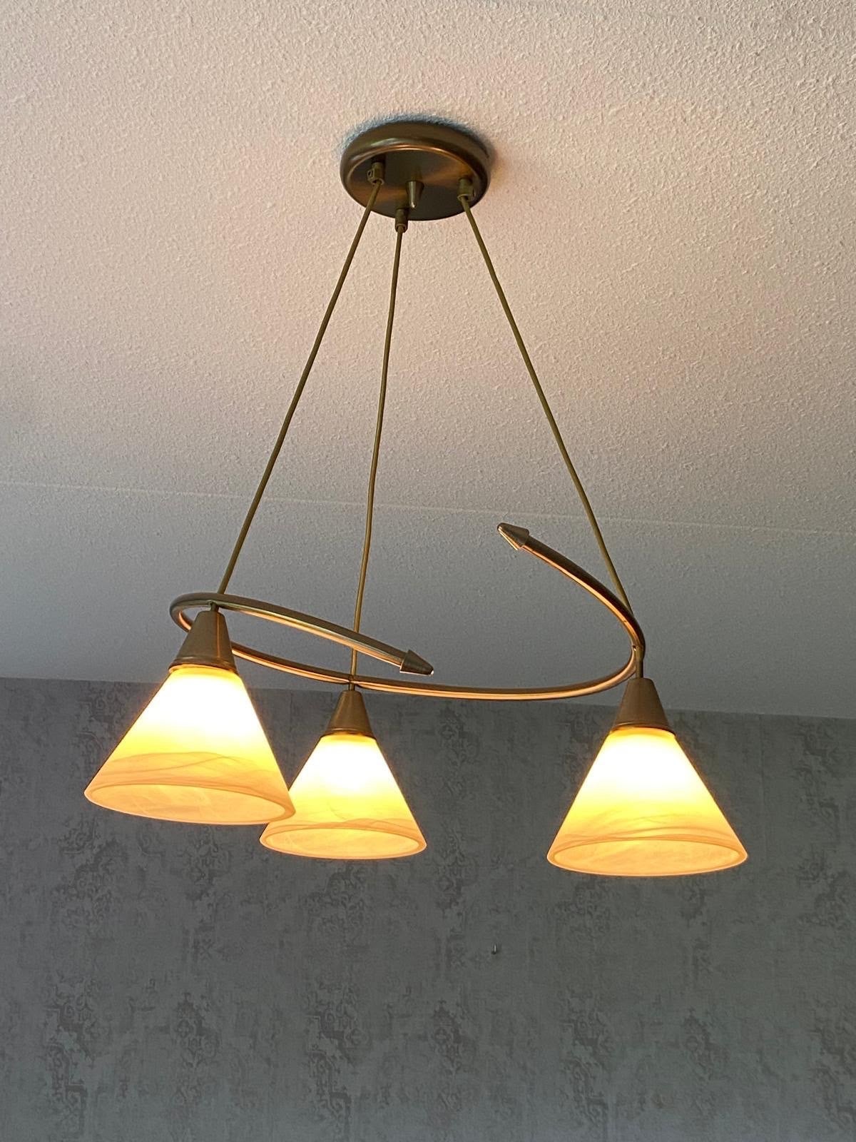 Hanglamp plafond met 3 glazen kappen, Ophalen, Gebruikt, Metaal, E27 (groot)