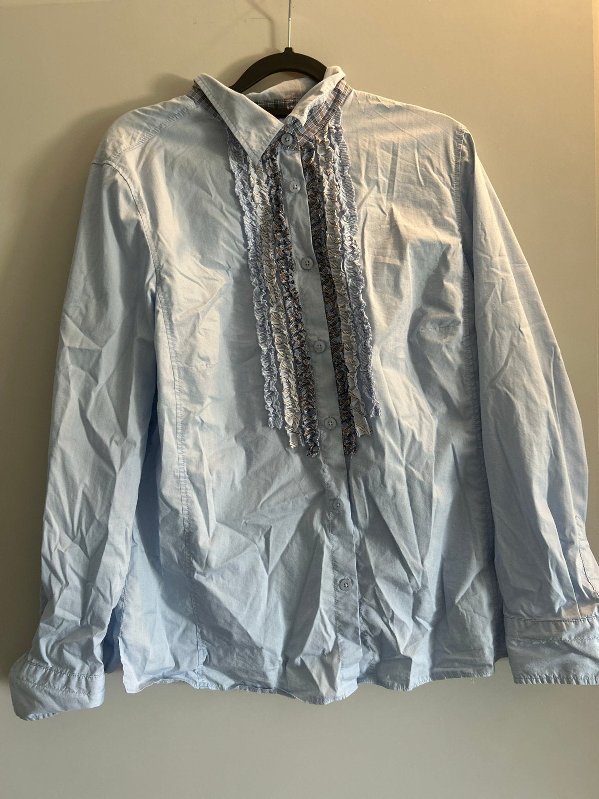 Erfo Lichtblauwe Blouse met Ruches - Maat 44, Maat 42/44 (L), Zo goed als nieuw, Lange mouw, Verzenden