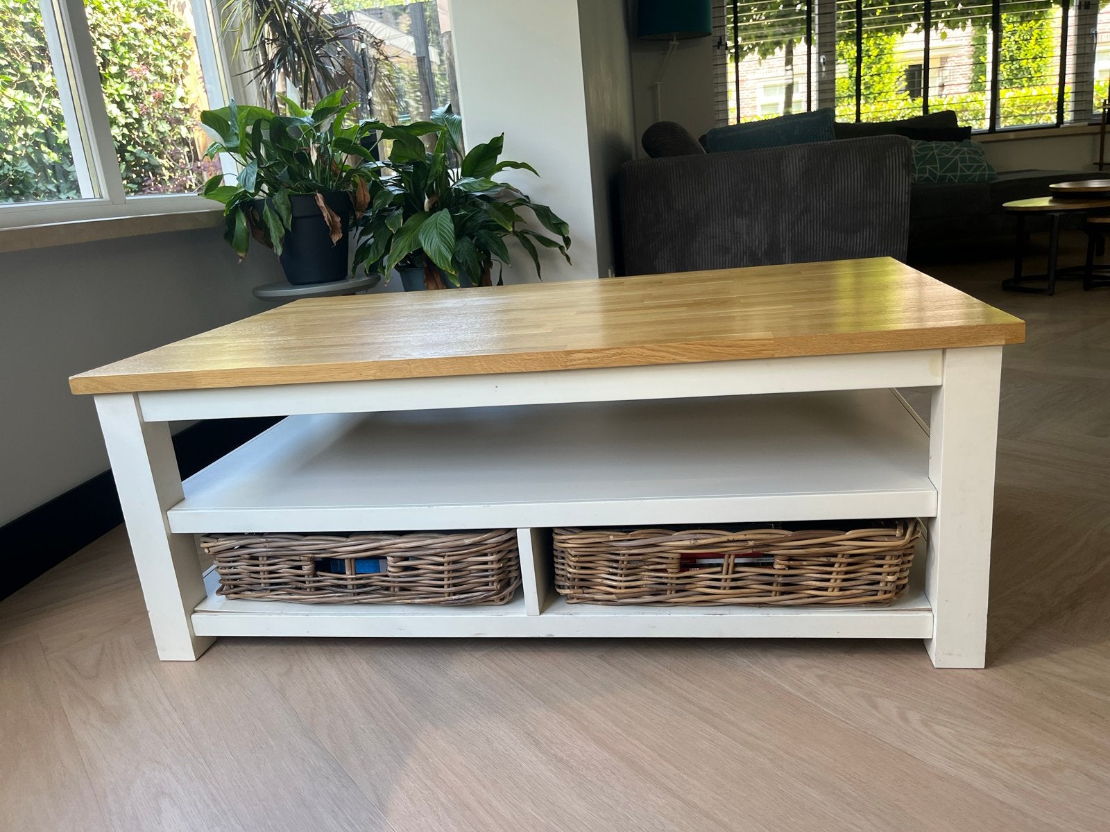 Salontafel met opbergruimte - Eikenhout en wit, Ophalen, Gebruikt, 100 tot 150 cm, Eikenhout
