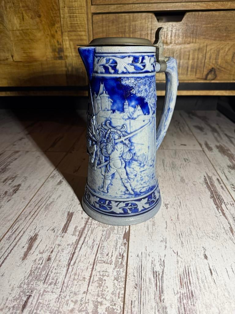 Unieke Duitse Bierkan van Aardewerk met Tin Deksel, Antiek en Kunst, Ophalen of Verzenden