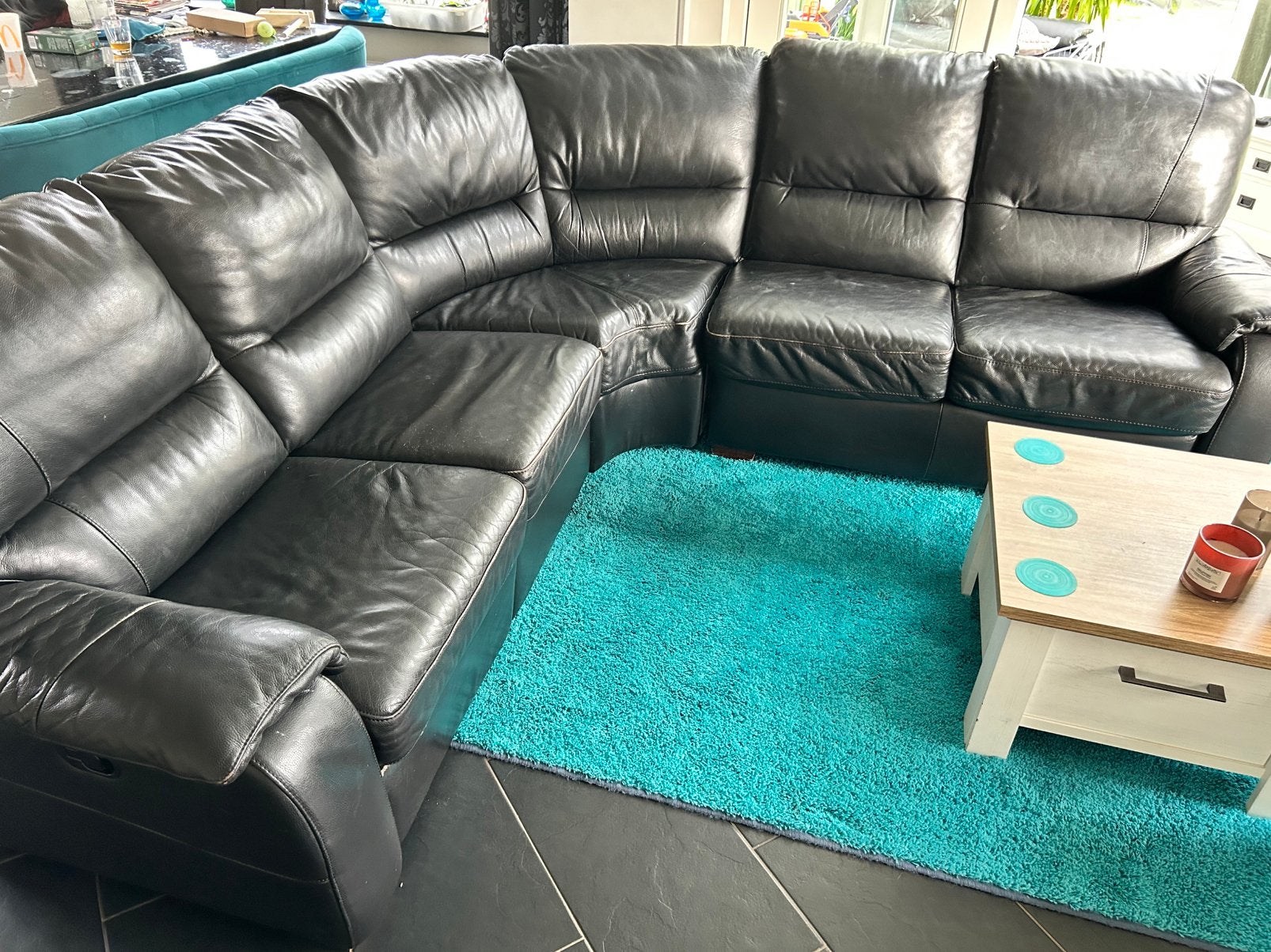 Lederen hoekbank met relax fauteuil, Huis en Inrichting, Ophalen, Gebruikt, Vierpersoons of meer, Leer