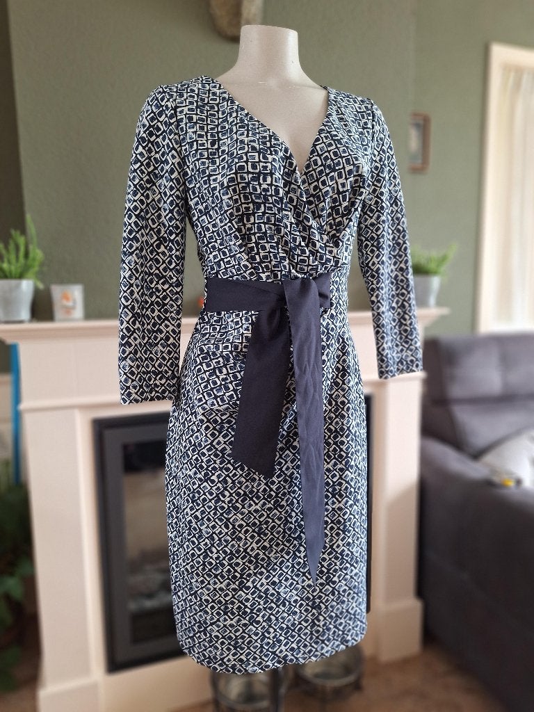 Barbara Schwarzer jurk blauw crème M 40, Maat 38/40 (M), Barbara Schwarzer, Zo goed als nieuw, Knielengte