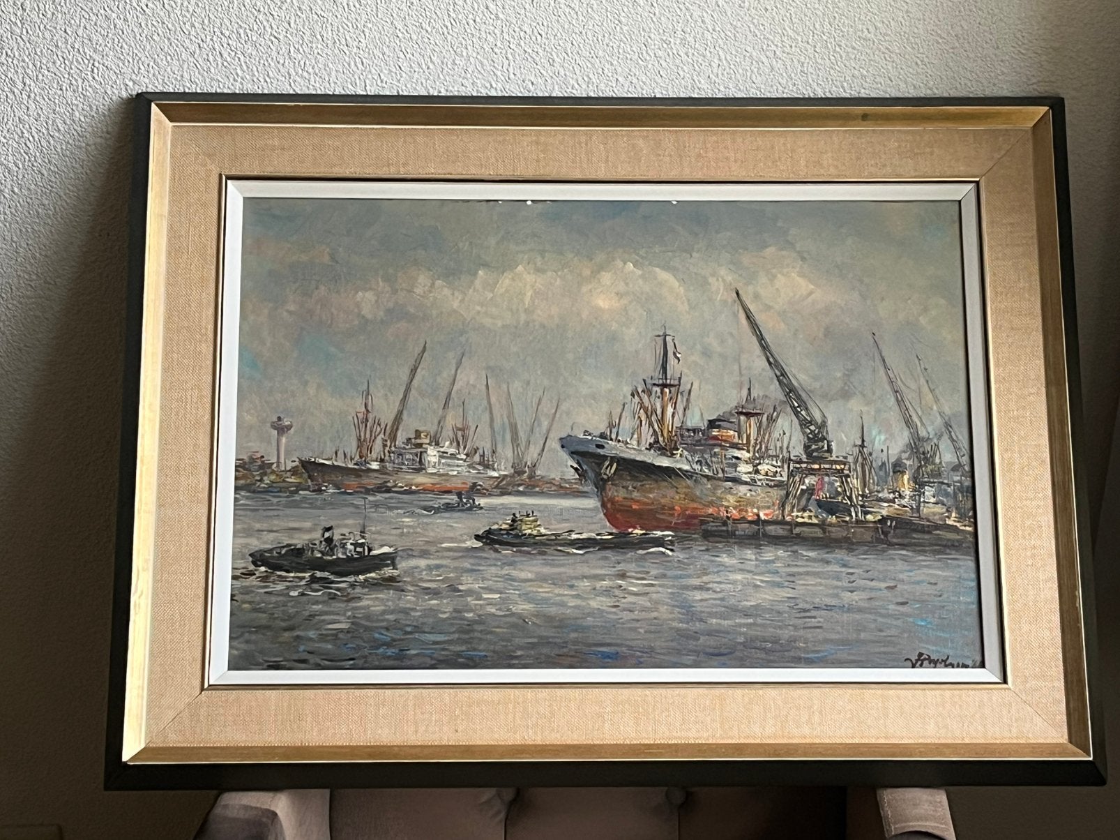 Joop Molenaar schilderij Rotterdamse haven. 1968, Antiek en Kunst, Ophalen, Maritiem / water, Doek, Olieverf