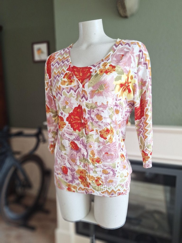 Leo Guy vest Lila oud roze groen rood bloemen combi 4 42, Kleding | Dames, Maat 42/44 (L), Zo goed als nieuw, Leo guy, Meerkleurig