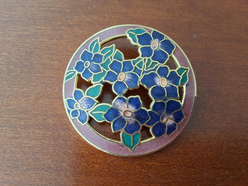 Vintage Broche met Bloemen Emaille - Blauw en Groen, Sieraden, Tassen en Uiterlijk, Broches, Overige materialen, 4 tot 7 cm, Blauw