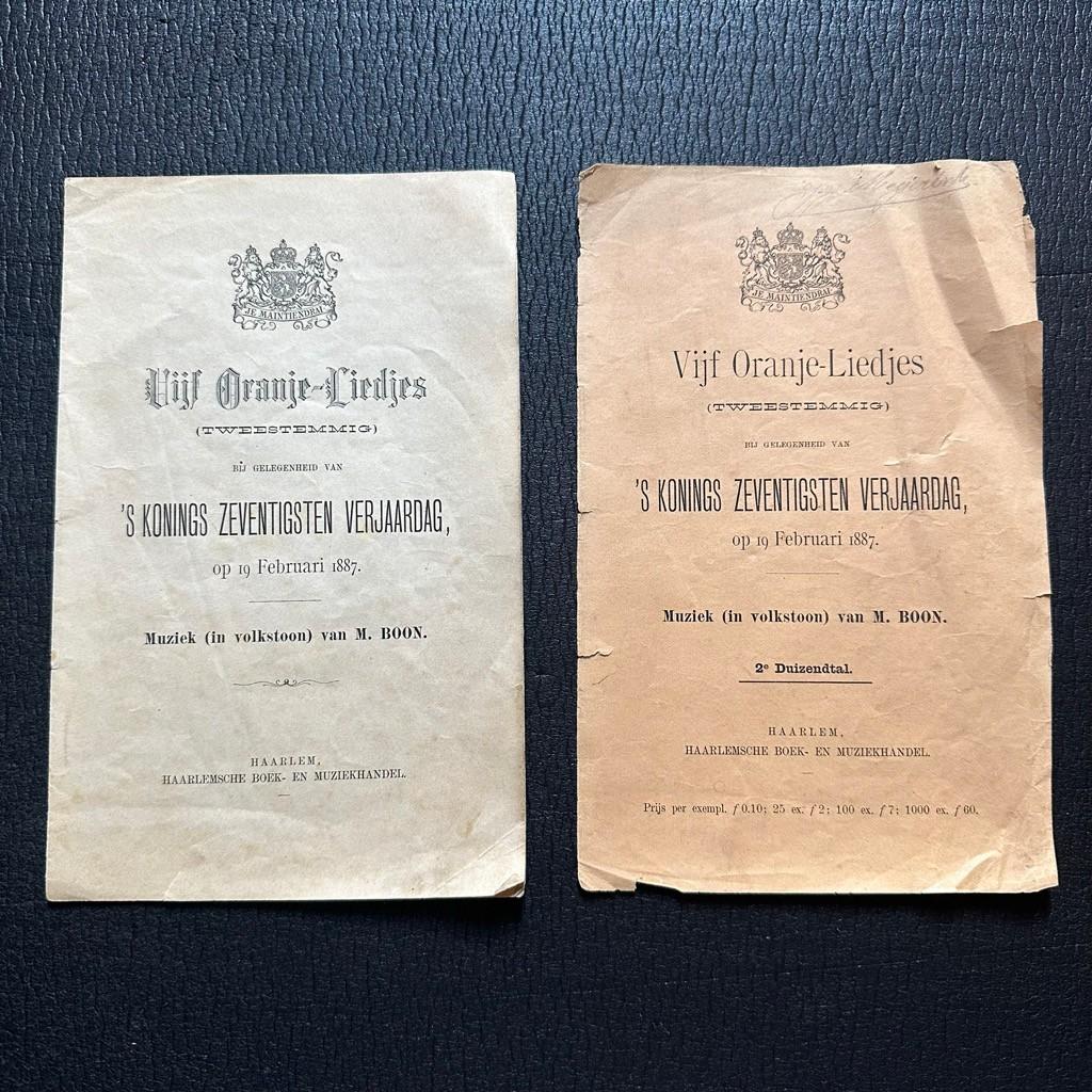 Vijf Oranje-Liedjes Koning Willem III - 1887 - Bladmuziek, Verzenden, Gebruikt, Nederland, Tijdschrift of Boek