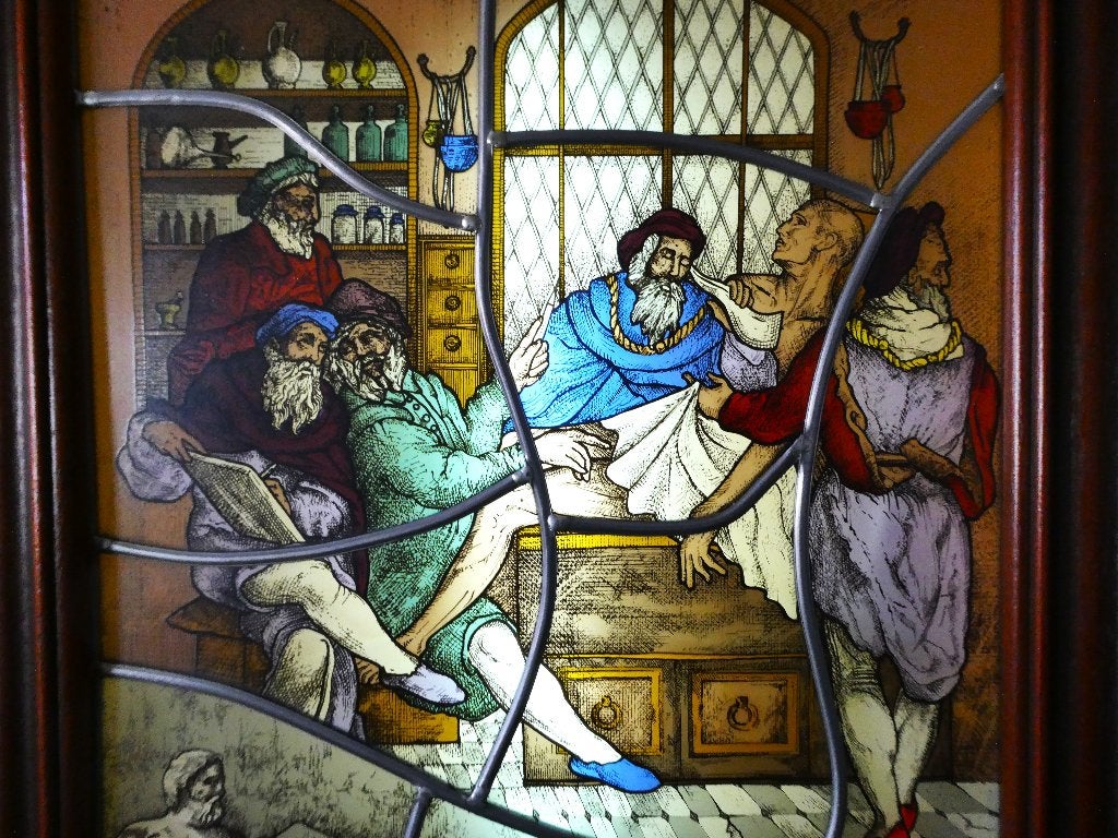 Glas in lood lichtbak lamp God Asklepios genezing gesigneerd, Ophalen