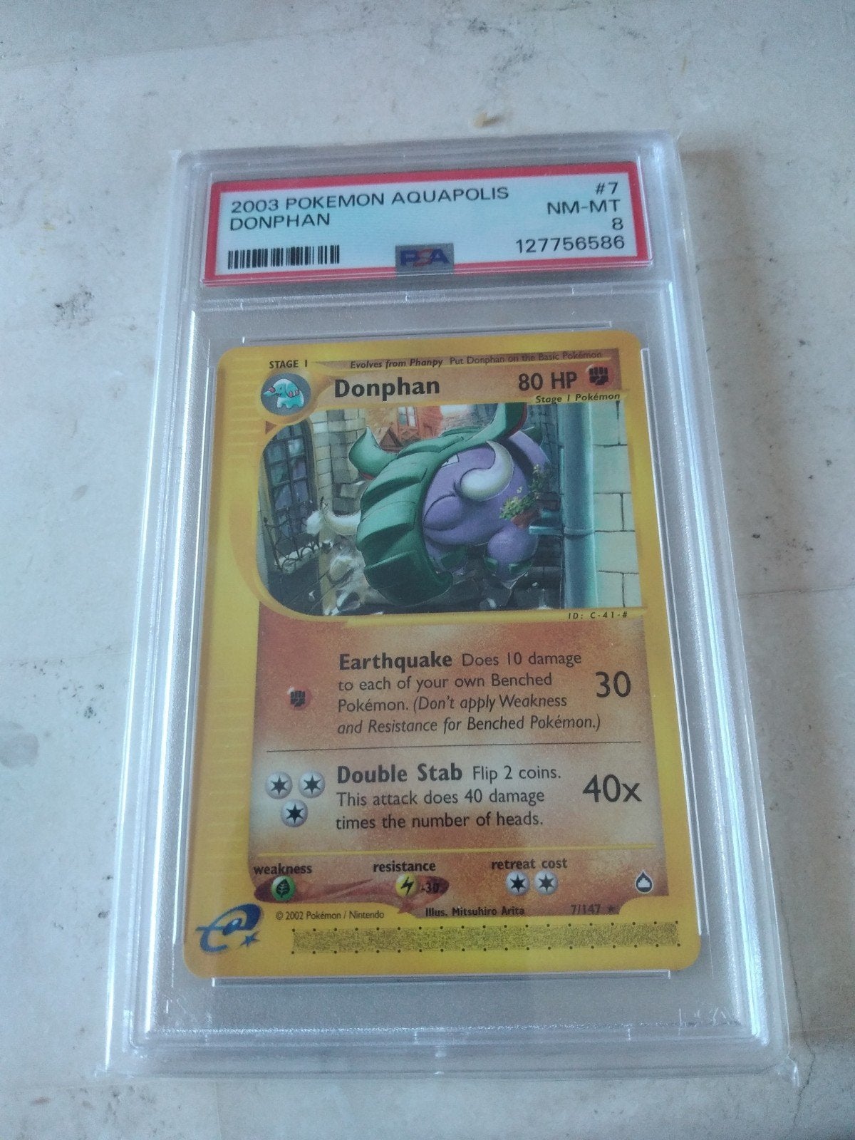 2003 Pokémon Aquapolis Donphan #7 PSA 8 NM-MT, Ophalen of Verzenden, Zo goed als nieuw, Losse kaart