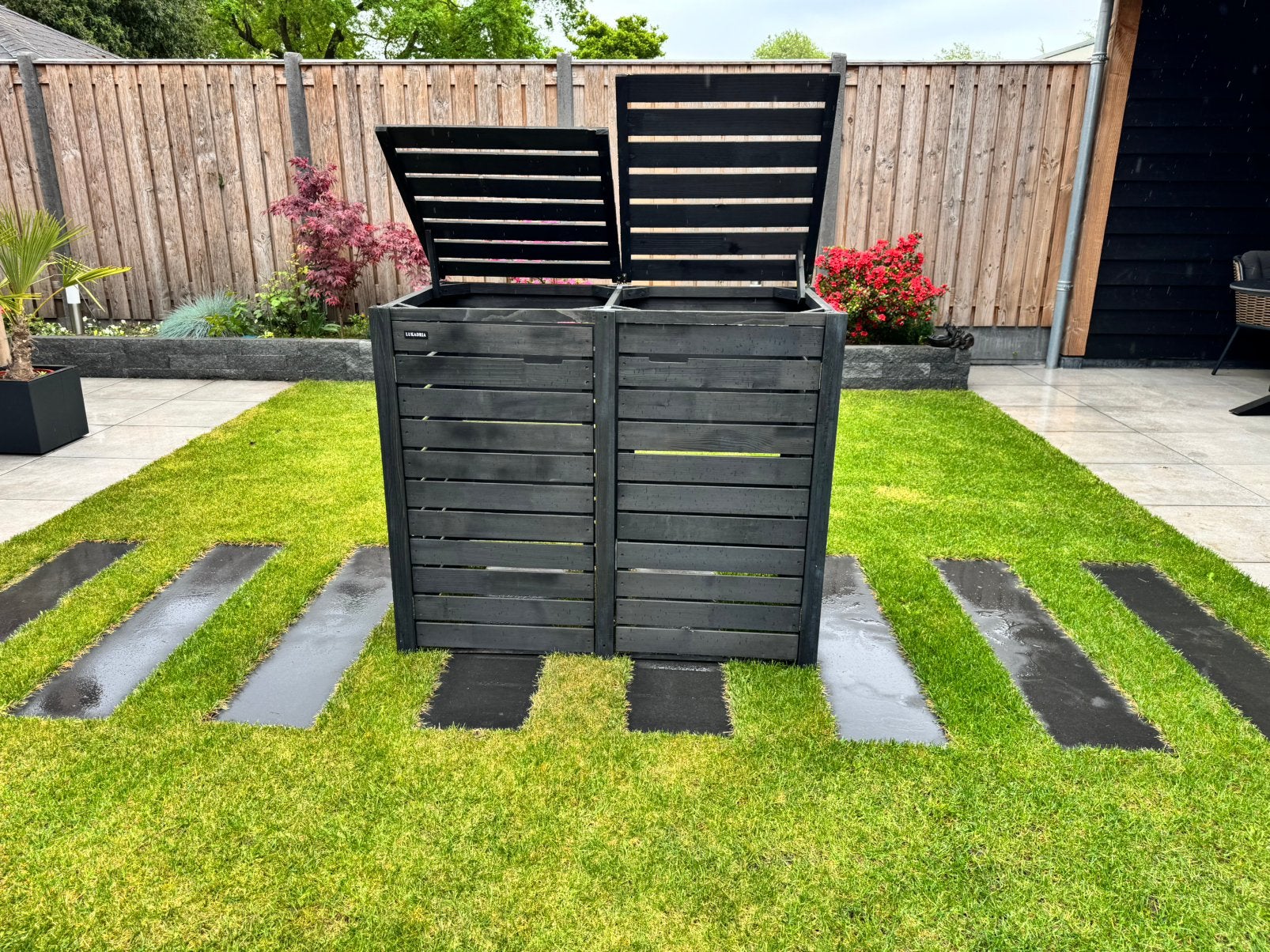 Houten berging afvalcontainers, Ophalen, Nieuw, Hout, Containerberging