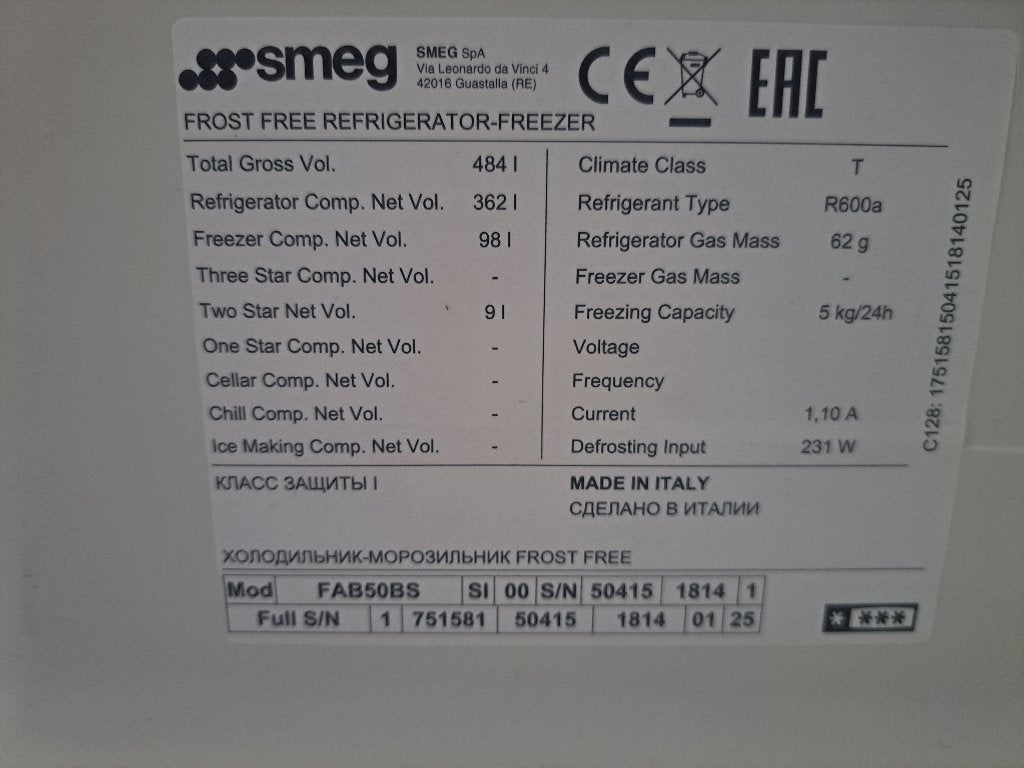 SMEG koelvriescombinatie, Ophalen, Gebruikt, 200 liter of meer, 60 cm of meer