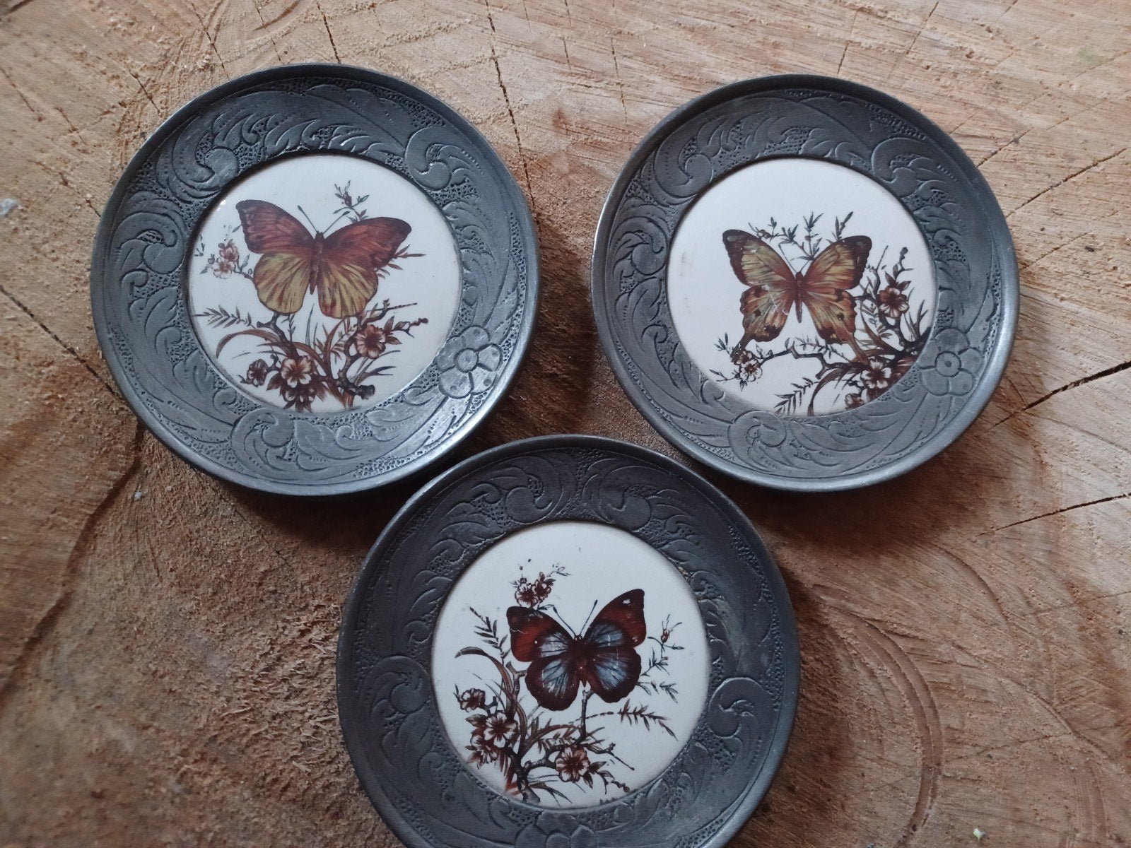 3 tinnen sierborden met vlinders, Ophalen of Verzenden