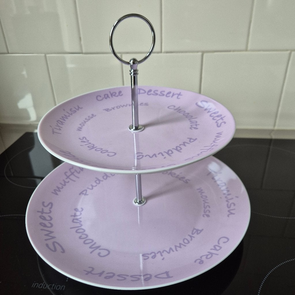 Etagere kleur LIla, tekst paars, taartplateau 27,5 cm bord, Demontabel, Etagère, Ophalen of Verzenden, Zo goed als nieuw