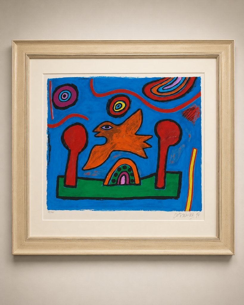 Corneille zeefdruk 1996 – Oiseau dans le paysage, Antiek en Kunst, Kunst | Litho's en Zeefdrukken, Abstract, Zeefdruk, Ophalen of Verzenden