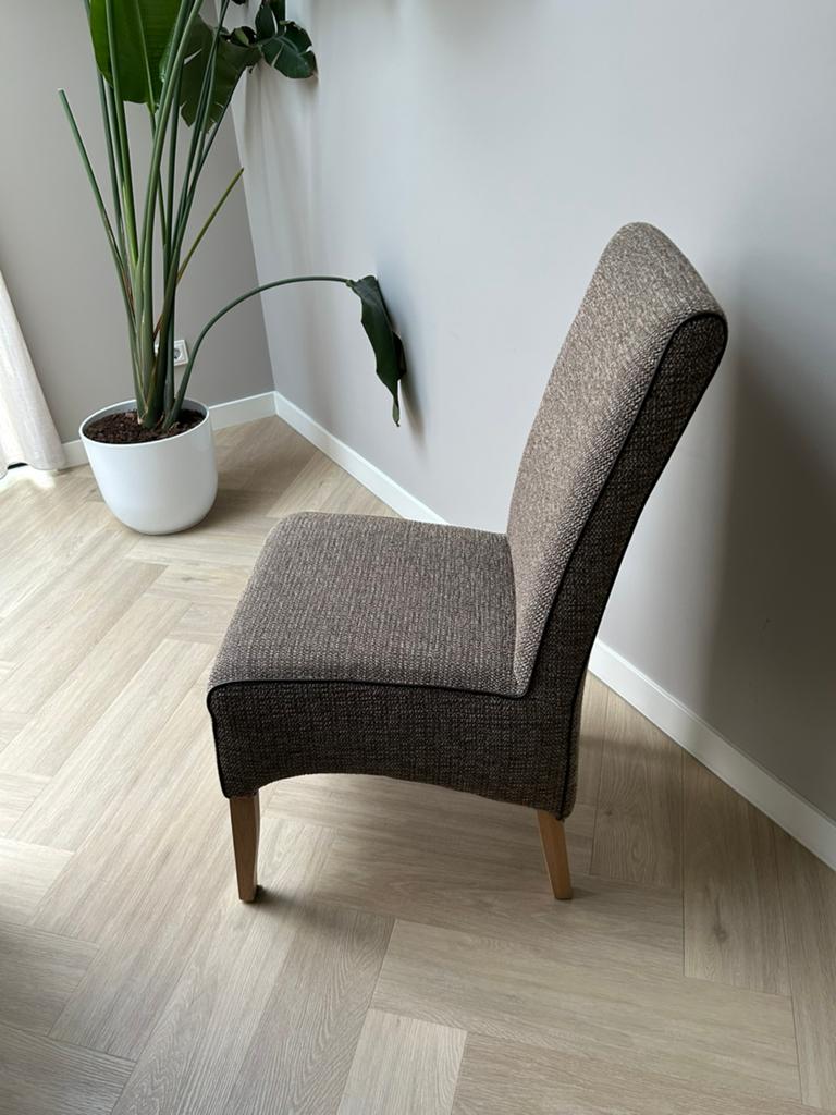 Eetkamerstoelen Carisio in Manzano stof met leren bies, Huis en Inrichting, Stoelen, Ophalen, Gebruikt, Bruin, Vijf, Zes of meer stoelen