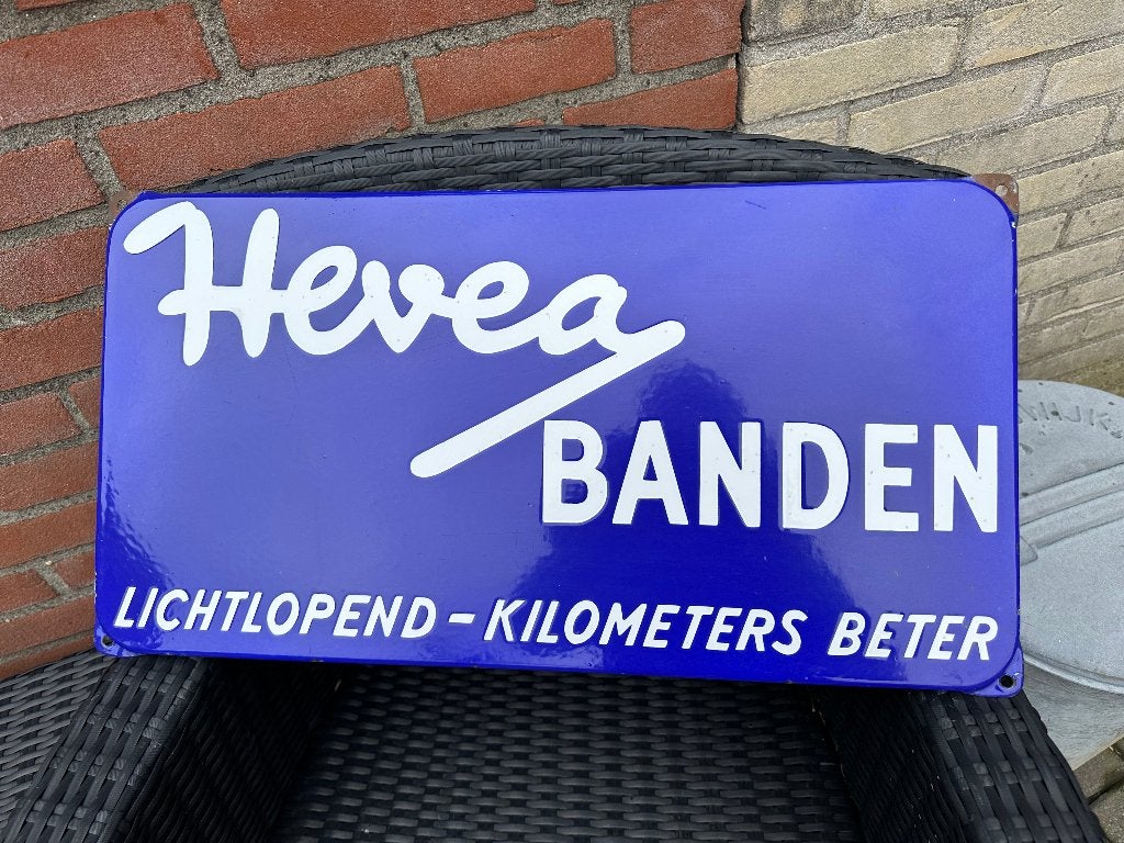 Mooi origineel emaille HEVEA BANDEN bord., Verzamelen, Ophalen of Verzenden, Gebruikt, Reclamebord
