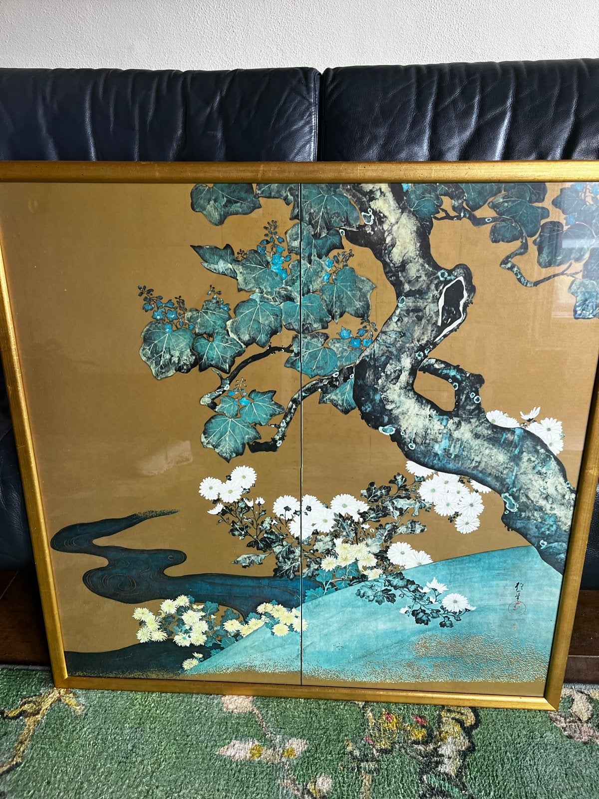 Oud Chinees schilderij van chrysanten, 70x75 cm, Antiek en Kunst, Bloemen, Overige technieken, Ophalen of Verzenden, Klassiek