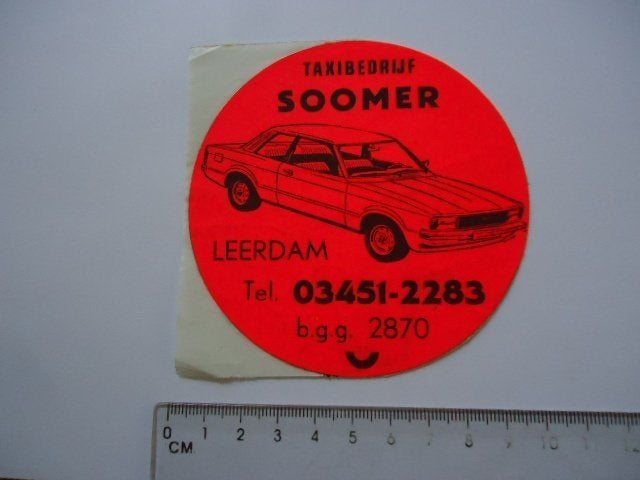 sticker oud TAXI Ford Taunus oldtimer Leerdam SOOMER retro, Verzenden, Zo goed als nieuw, Bedrijf of Vereniging
