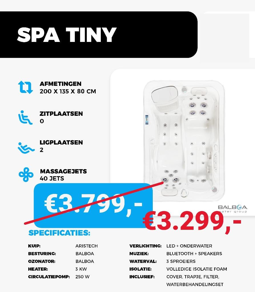 Jacuzzi Tiny (Balboa) 2 persoons - 200x135cm - 40 jets, Tuin en Terras, Zwembad-toebehoren, Ophalen, Nieuw, Overige typen