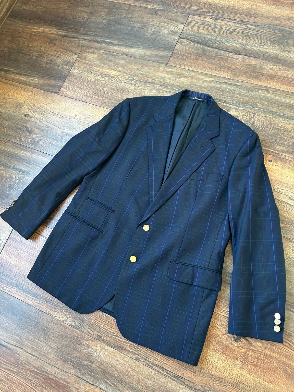 Daks Signature Blazer - Donkerblauw Ruitpatroon, 100% Wol, Verzenden, Zo goed als nieuw, Maat 56/58 (XL), Blauw