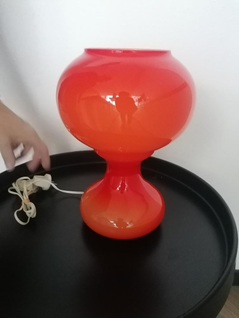 retro vintage opaline glazen tafellamp in oranje igst, Ophalen of Verzenden