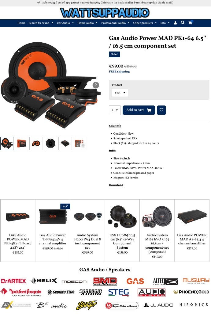 Gas Audio Power MAD PK1-64 6.5 inch / 16.5 composet/speakers, Info@optimount.nl, Nieuw, Ophalen of Verzenden, Anholtseweg 48A 7091 HB DINXPERLO