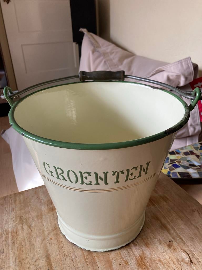Vintage emaille emmer 'Groenten' - Crème/Groen, Ophalen of Verzenden