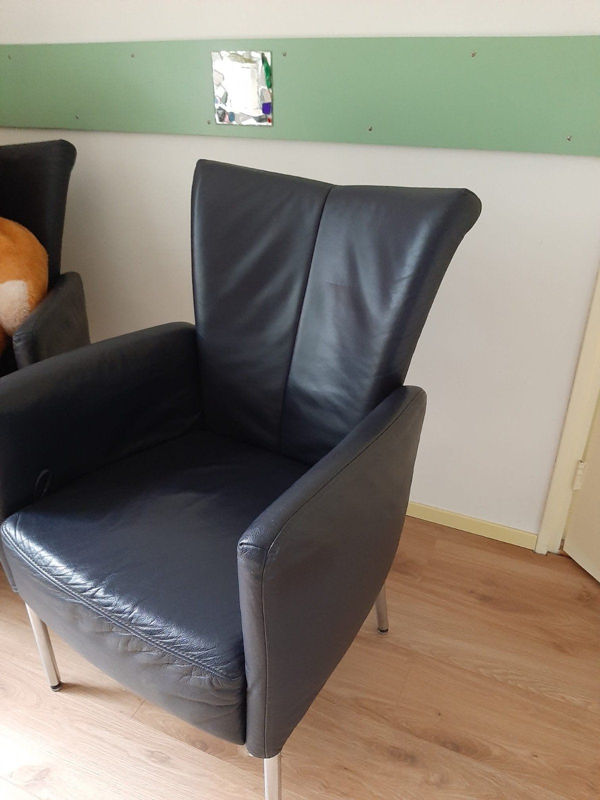 4 donker blauw leren stoelen, Ophalen, Gebruikt, Minder dan 75 cm, Leer