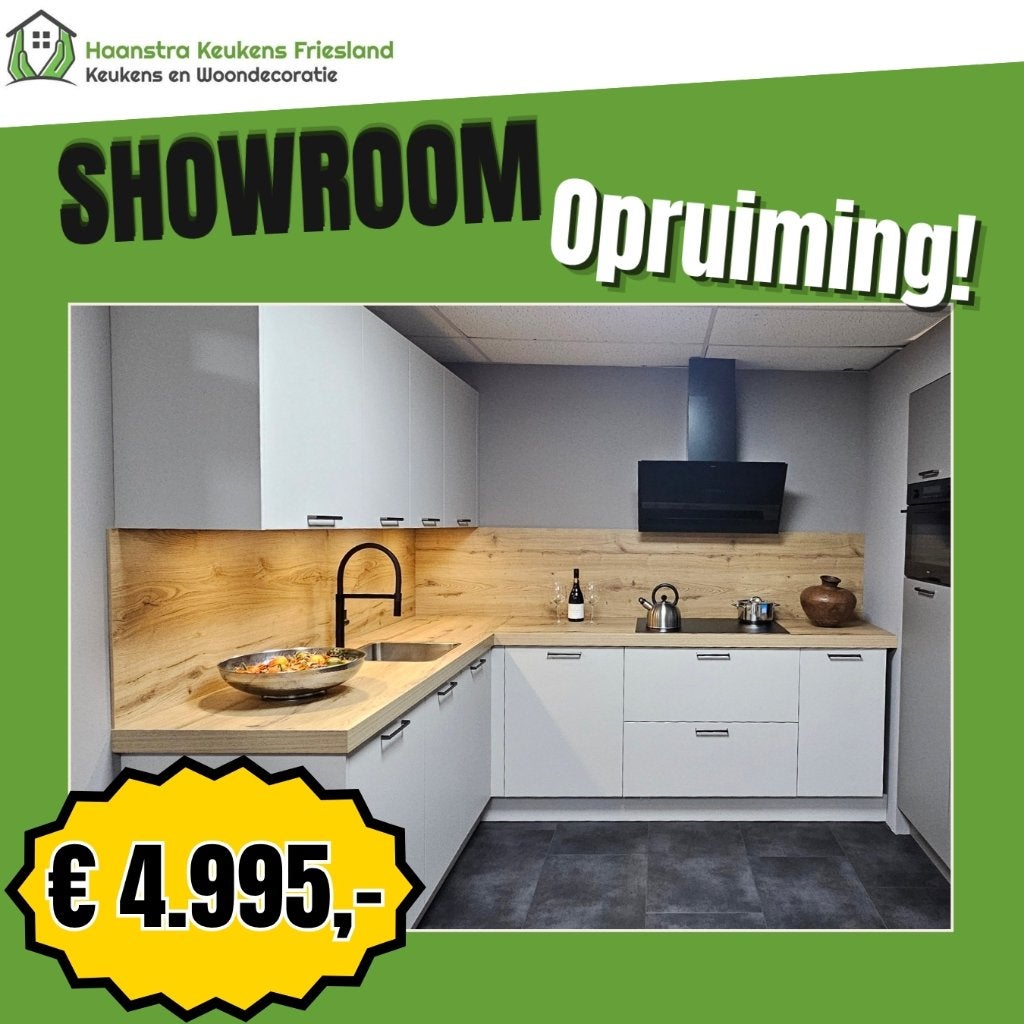 Showroomkeuken zandgrijs Hacker  met Pelgrim apparatuur, Ophalen, Hoekkeuken, Nieuw, Kunststof