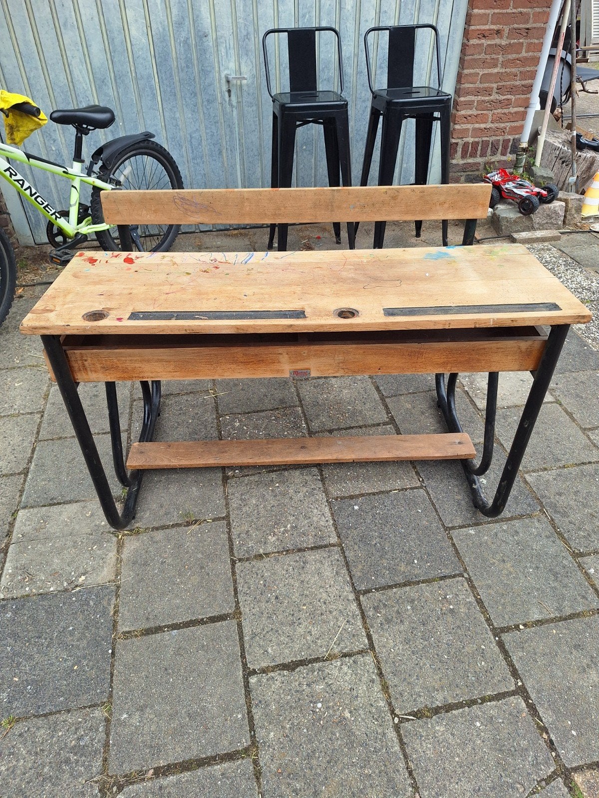 Vintage schoolbank met bankje - Retro bureau, Ophalen of Verzenden