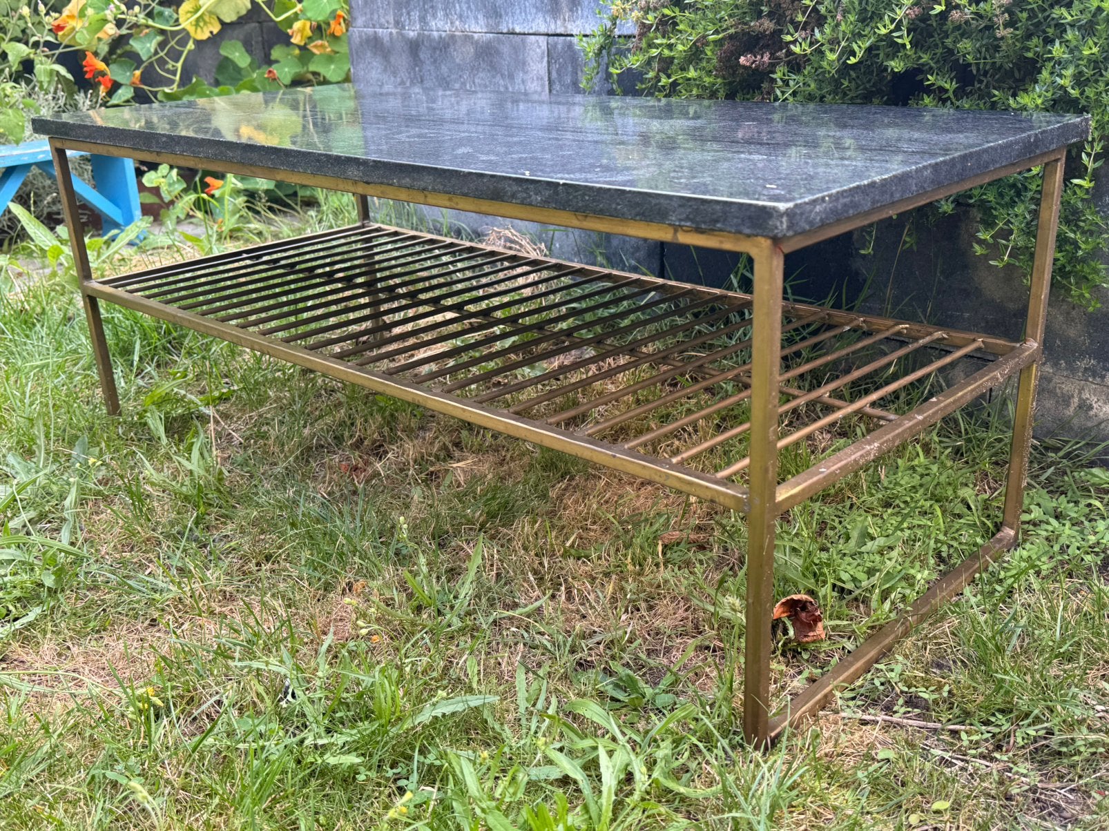 Tafel van messing met marmer, Ophalen, Overige materialen, Gebruikt, 50 tot 100 cm