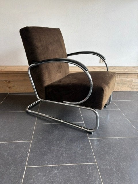 Gispen 407 fauteuil, chroom, nieuwe donkerbruine ribstof, Huis en Inrichting, Fauteuils, Design, 75 tot 100 cm, Zo goed als nieuw