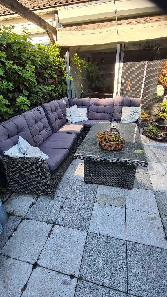 3+2 Hoekbank loungeset met glasplaat tafel., Ophalen, Kunststof, Gebruikt, 6 zitplaatsen