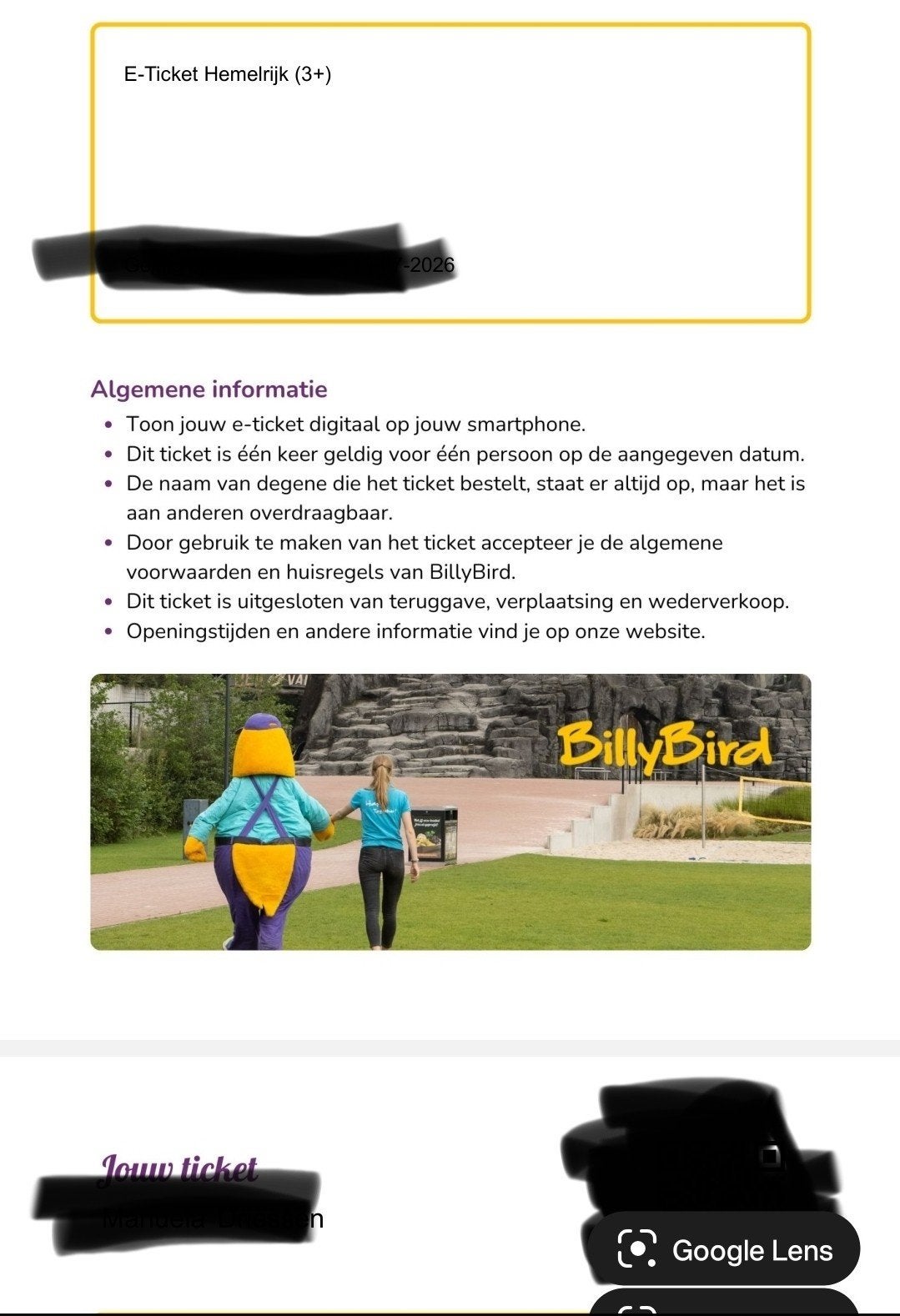 2 toegangskaartjes Billybird Hemelrijk., Twee personen, Ticket of Toegangskaart