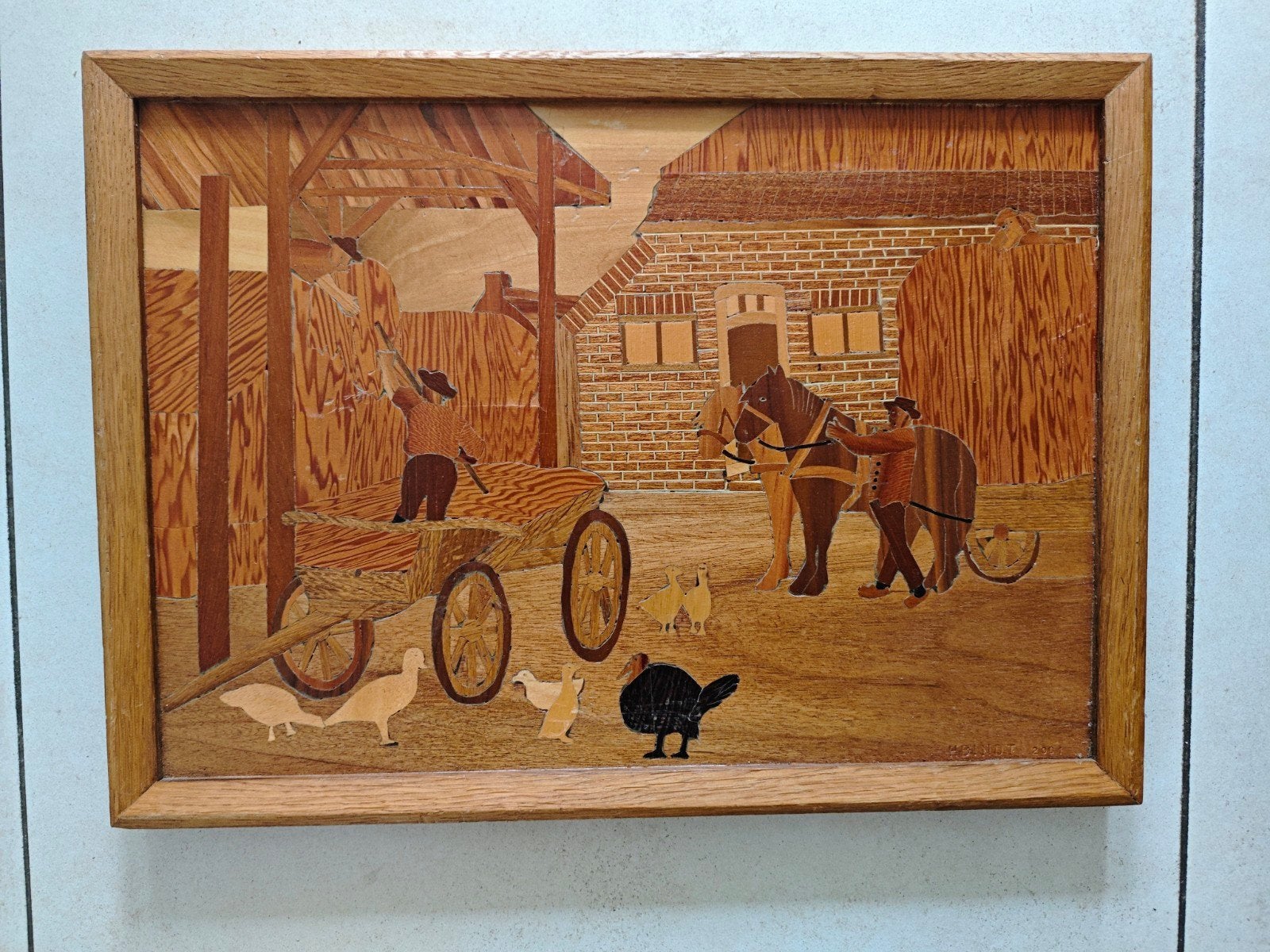 Uniek Houten Inlegwerk: Boerderijtafereel met Paard en Wagen, Antiek en Kunst, Kunst | Schilderijen | Klassiek, Ophalen