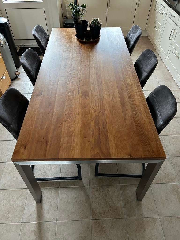 Eettafel kersenhout met 6 antraciet suède kunstleer stoelen, Ophalen, Gebruikt, 100 tot 150 cm, 200 cm of meer
