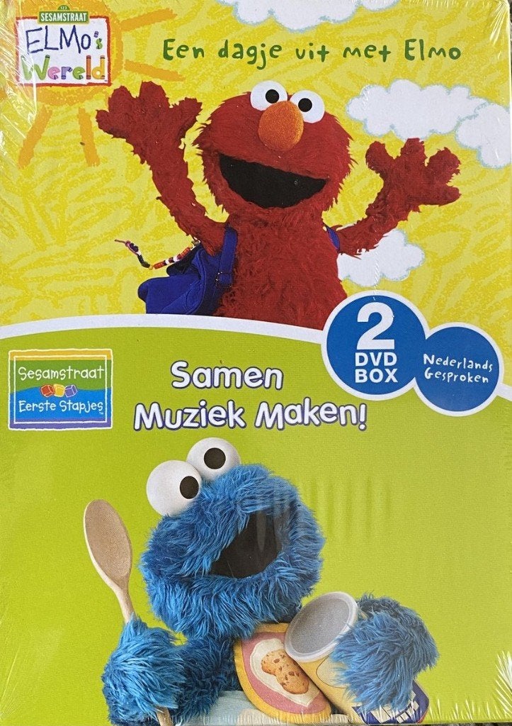 2-DVD Box Sesamstraat - Elmo's Wereld/Eerste Stapjes NIEUW, Alle leeftijden, Poppen, Ophalen of Verzenden, Nederlands