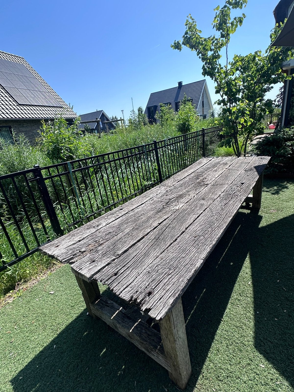 Robuuste tuintafel van oude wagondelen, Tuin en Terras, Tuintafels, Ophalen, Gebruikt, Rechthoekig, Hout