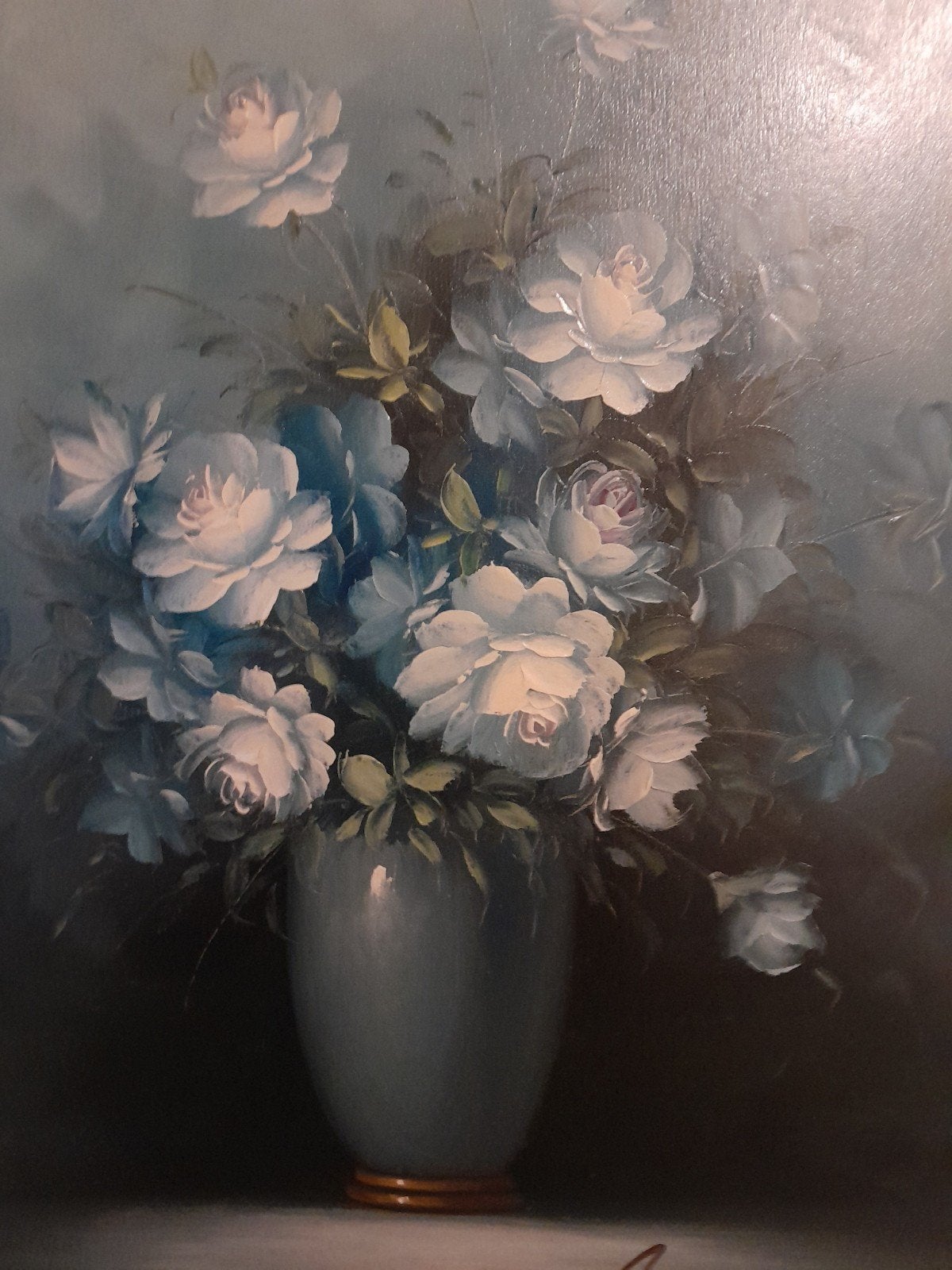 Mooi schilderij Robert Cox grijze vaas met bloemen, Ophalen of Verzenden, Klassiek, Gesigneerd, Doek