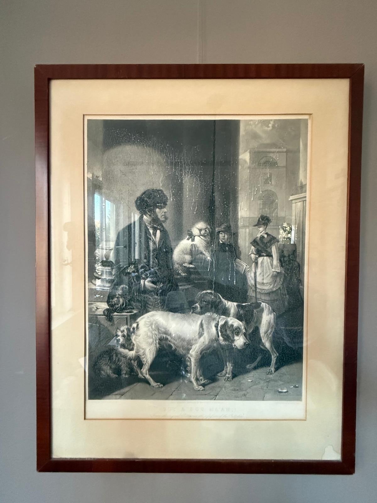 Antieke Gravure: Man, Vrouw en Honden, 19e Eeuw, Antiek en Kunst, Ophalen, 1800 - 1899, Gravure, Ingelijst