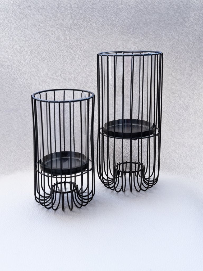 Draadstalen set van 2 zwarte kaarshouders, Overige materialen, Windlicht, Zwart, Nieuw