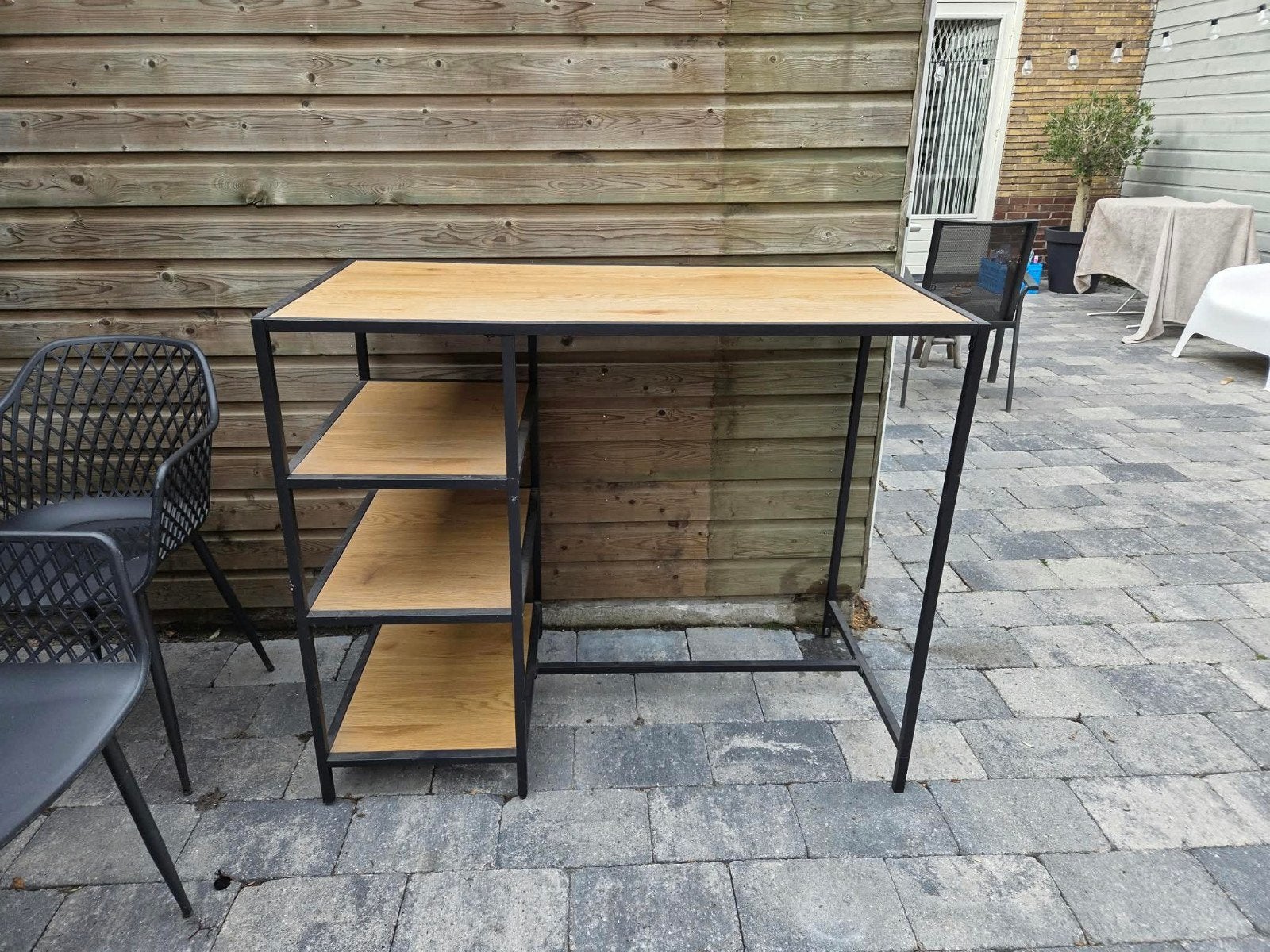 Hoge bartafel met opbergplanken - Industrieel design, Ophalen, Zo goed als nieuw, 75 cm of meer, Rechthoekig