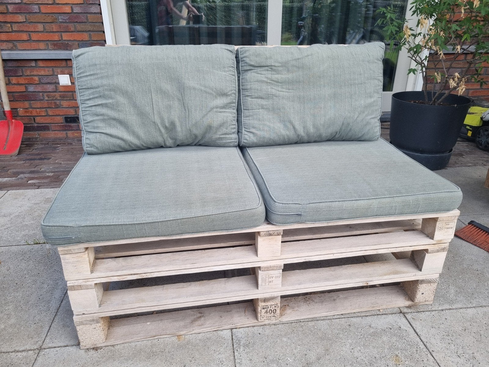 Pallet bankje 120cm breed met kussens, Tuin en Terras, Tuinbanken, Ophalen, Gebruikt, Hout
