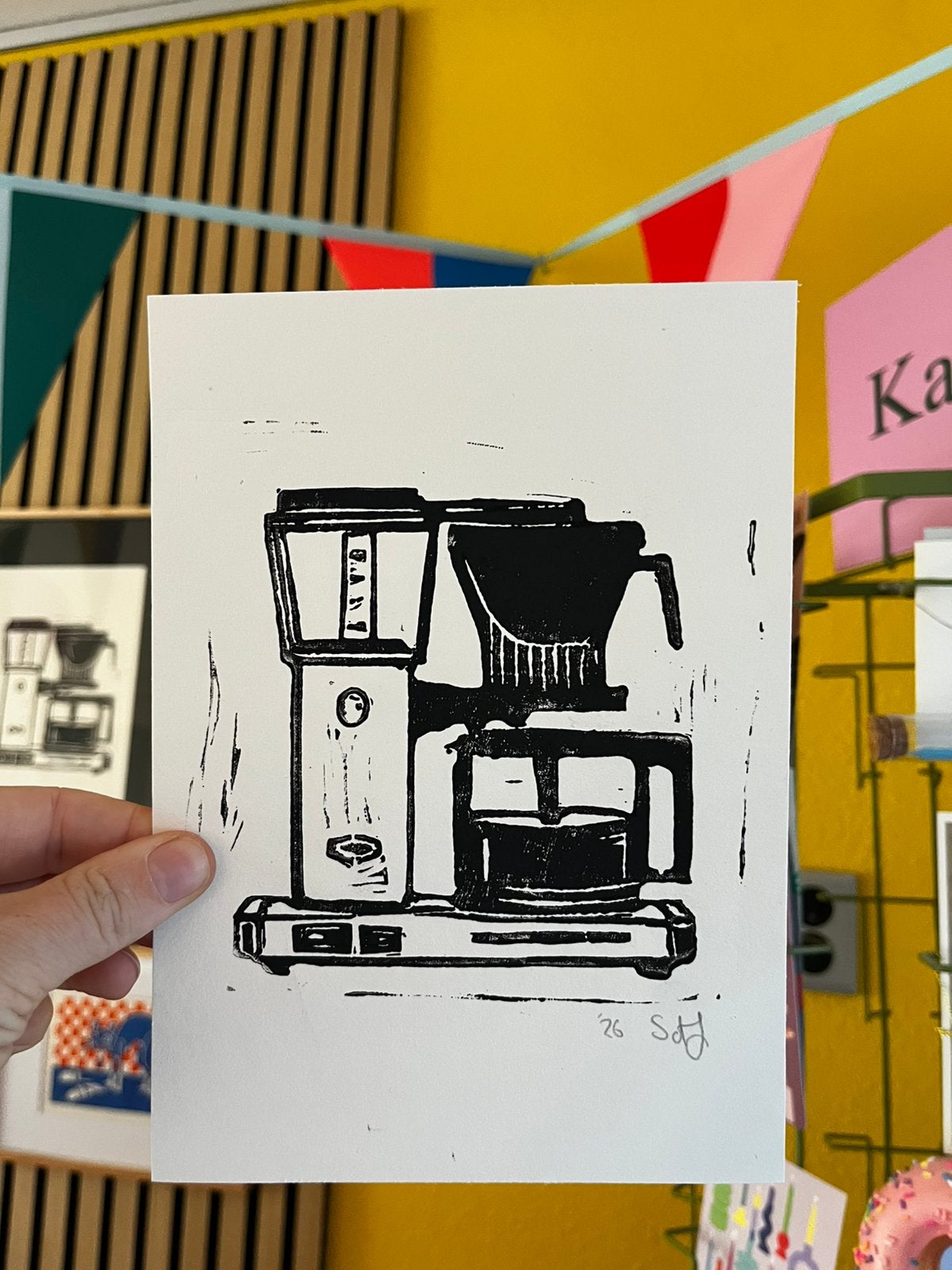 Lino afdruk koffiezetapparaat Moccamaster _ zwart, Origineel, Ophalen of Verzenden, Overige onderwerpen, Linosnede