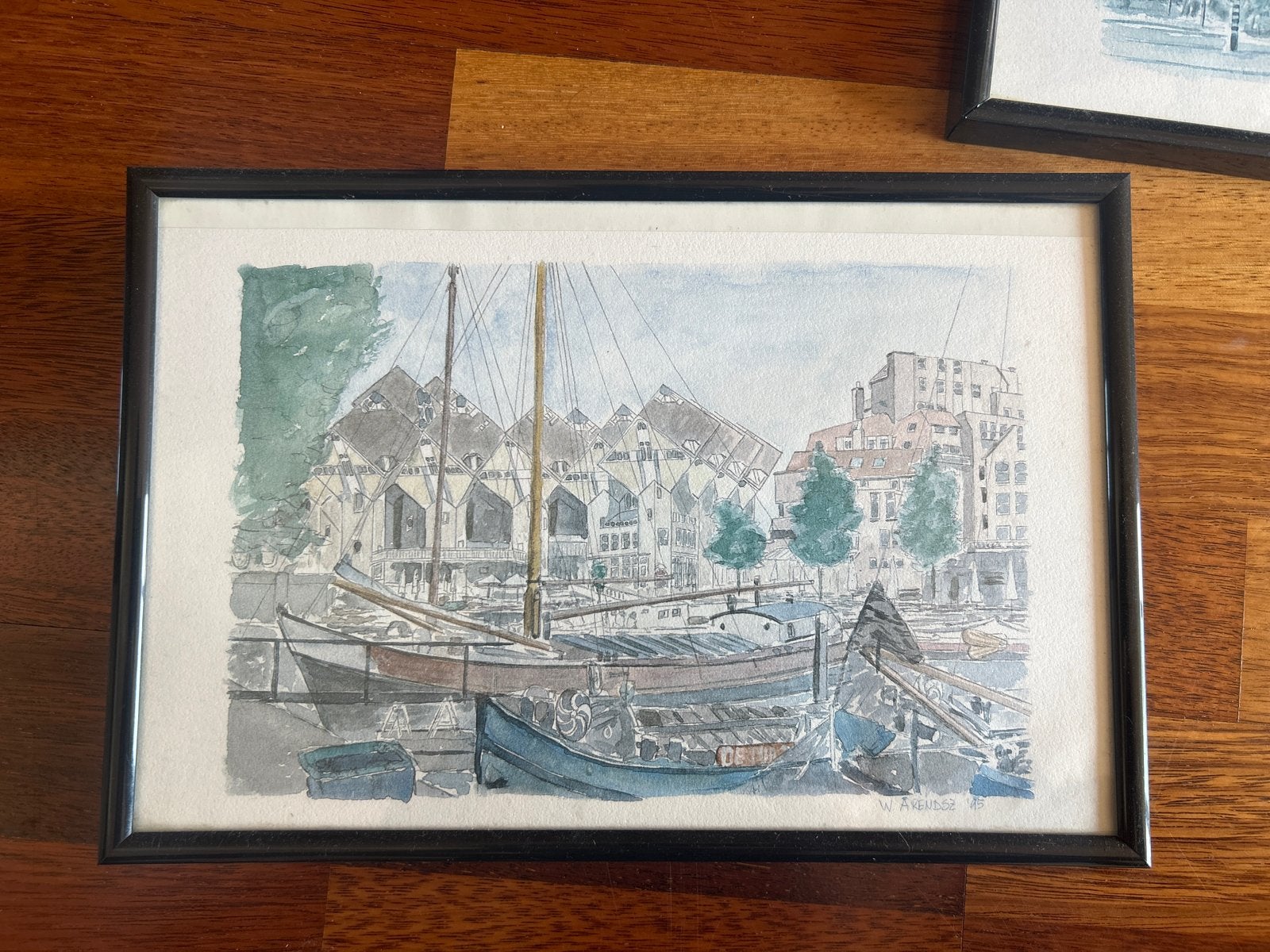 Schilderij Warendsz uit '95 - Havenzicht met boten, Ophalen, Maritiem / water, Gedateerd, Realistisch