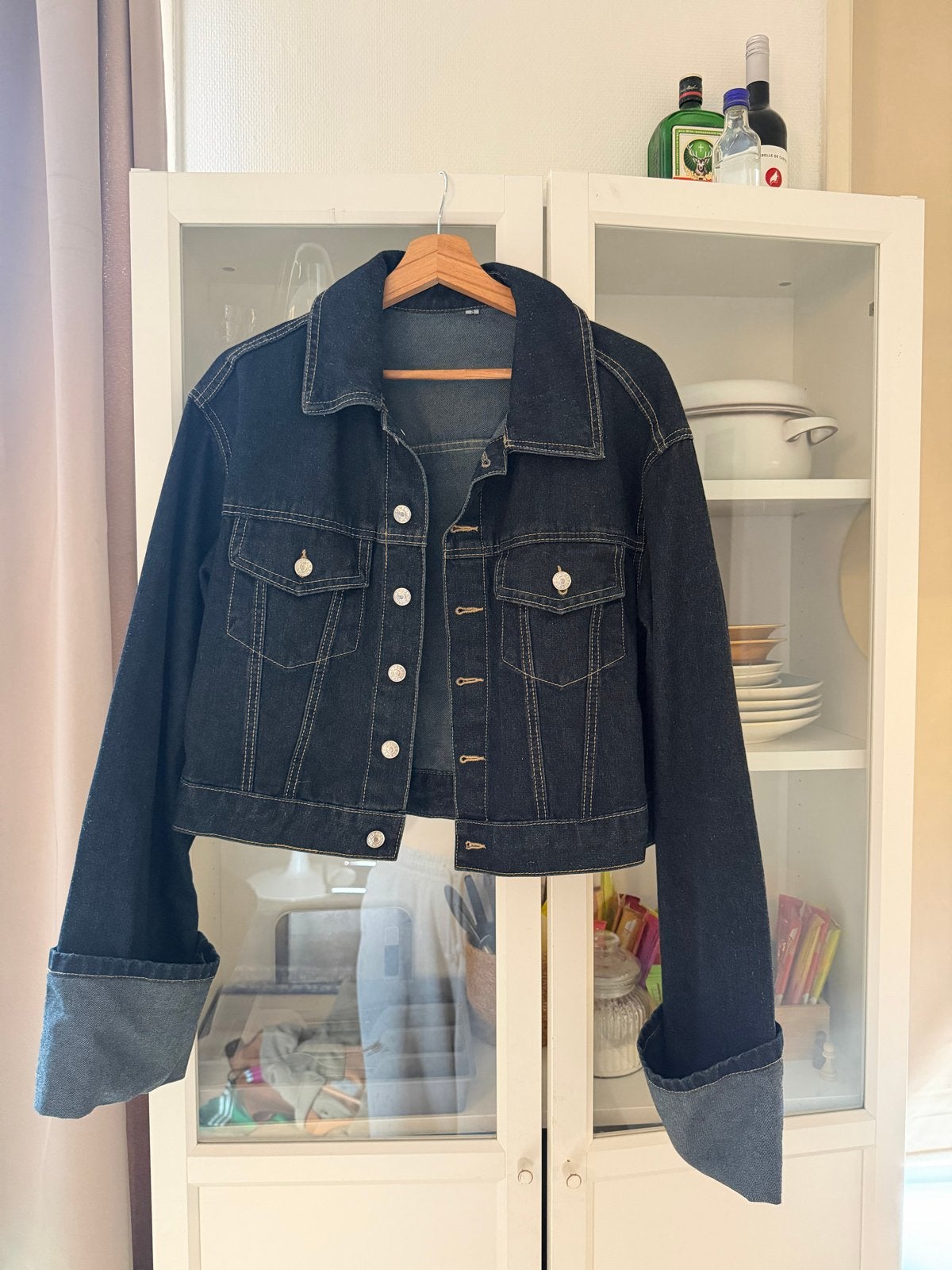 Donkerblauwe spijkerjas, Ophalen of Verzenden, Zo goed als nieuw, Maat 36 (S), Blauw