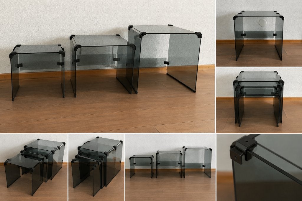 Vintage mimi Set – 3 rookglazen nesttafels / bijzettafels, Huis en Inrichting, Ophalen, Minder dan 45 cm, Minder dan 55 cm, Gebruikt