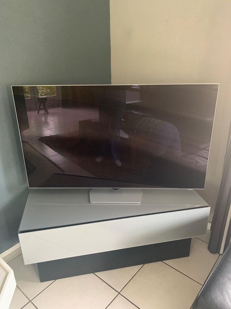 TV meubel Spectral Brick grijs met glas en deur, Ophalen, Glas, 100 tot 150 cm, Design