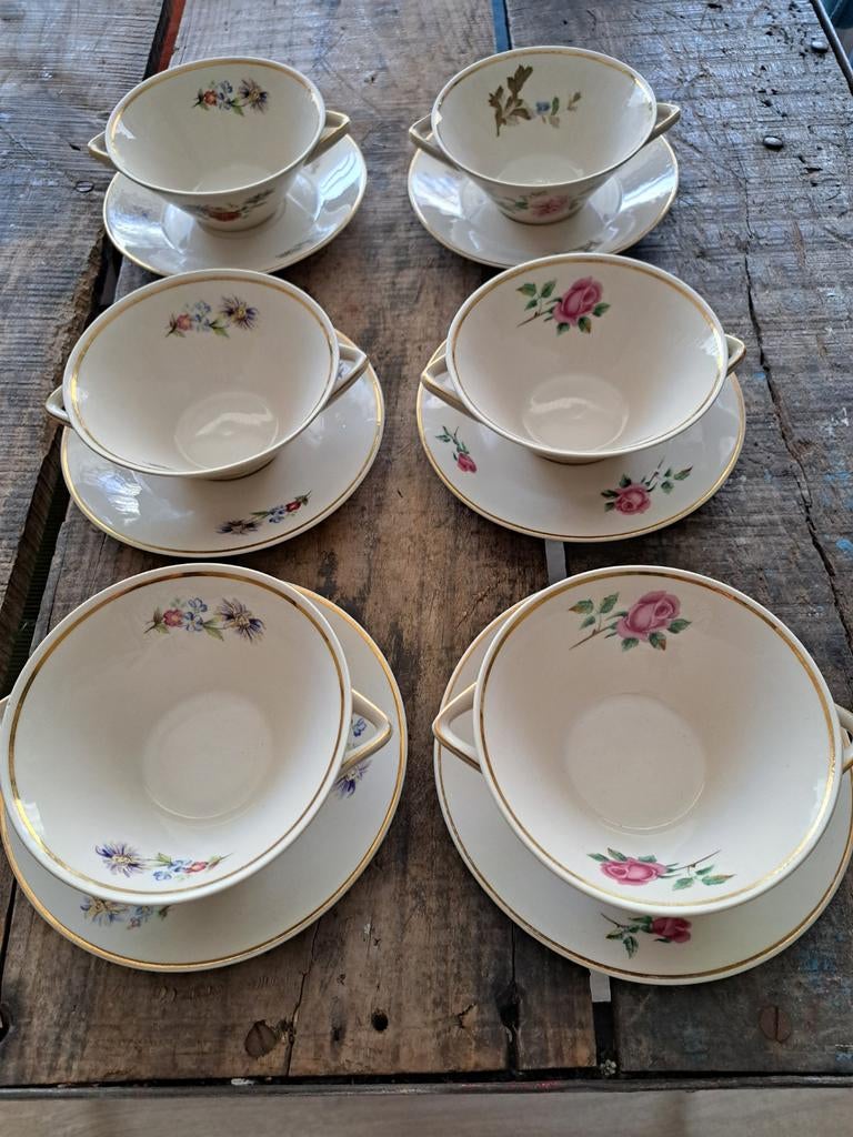 6 Vintage Chodziez Soepkoppen uit Polen - Eeuwoud, Antiek en Kunst, Antiek | Servies los, Ophalen of Verzenden