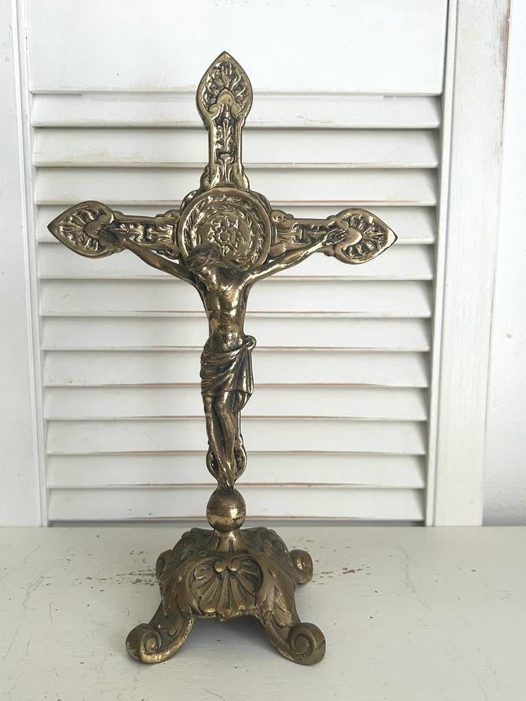 Antiek messing koper kruisbeeld Jezus aan het kruis 32 cm, Antiek en Kunst, Ophalen