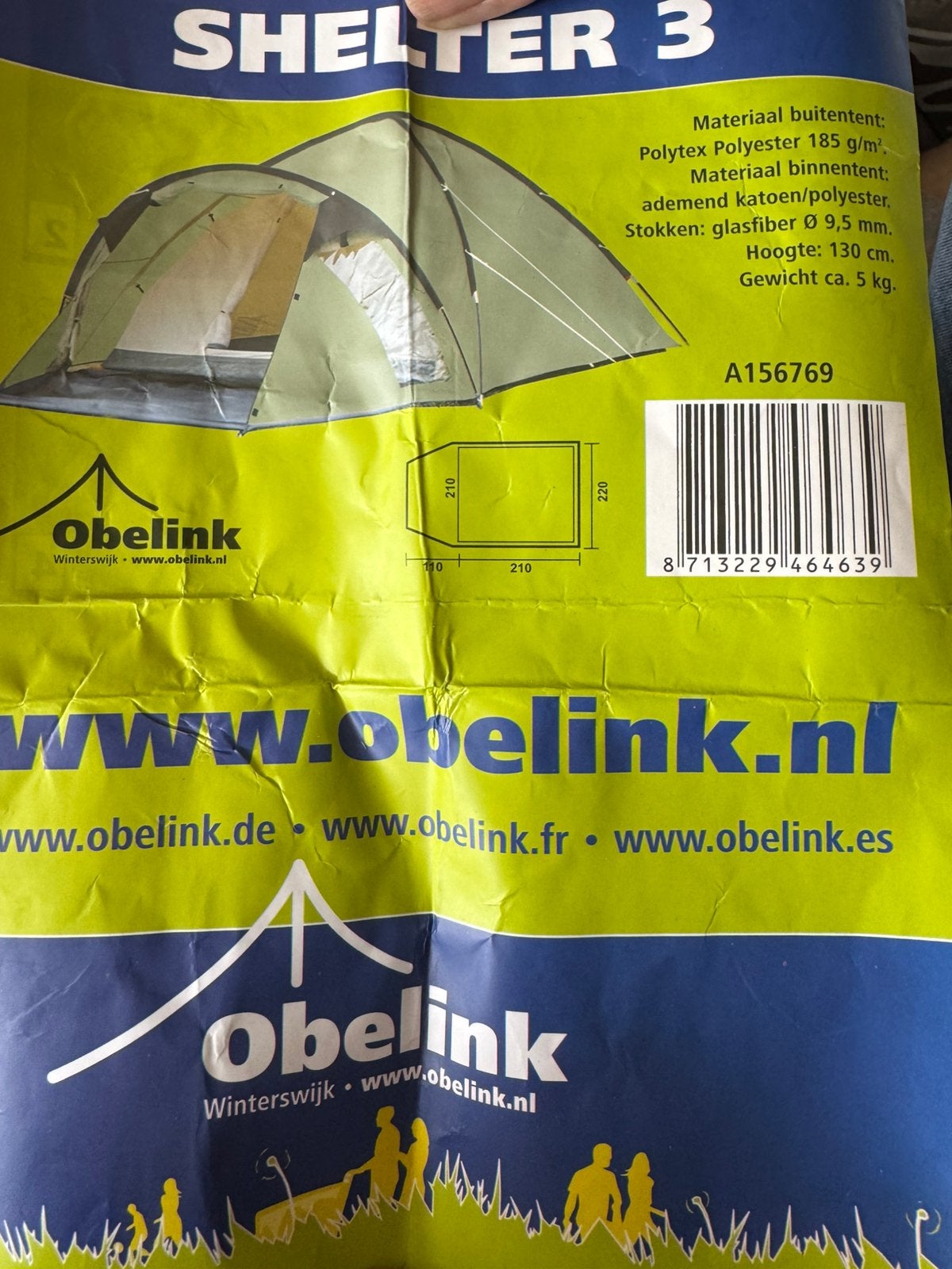 Obelink Shelter 3 Tent - Compact en Lichtgewicht, Ophalen, Zo goed als nieuw, Tot en met 3